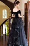 Line Black Off Shoulder Tulle and Velvet Party Dress, Black Floor Length Prom Dress HZ0509