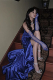 Satin Sweetheart Long Formal Dress, Blue Satin Prom Dress with Leg Slit HZ0509