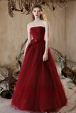 Line Tulle Lace Burgundy Long Prom Dress, Burgundy Long Graduation Dress HZ0509