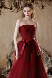 Line Tulle Lace Burgundy Long Prom Dress, Burgundy Long Graduation Dress HZ0509