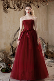 Line Tulle Lace Burgundy Long Prom Dress, Burgundy Long Graduation Dress HZ0509