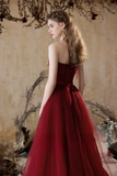 Line Tulle Lace Burgundy Long Prom Dress, Burgundy Long Graduation Dress HZ0509