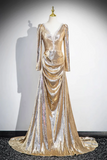 Sequins Long Prom Dress, Shiny V Neck Long Sleeve Evening Party Dress HZ0509