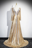 Sequins Long Prom Dress, Shiny V Neck Long Sleeve Evening Party Dress HZ0509