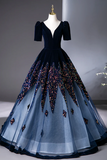 Line V Neck Velvet Tulle Dark Blue Long Prom Dress, Long Evening Dress HZ0509