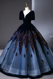 Line V Neck Velvet Tulle Dark Blue Long Prom Dress, Long Evening Dress HZ0509