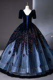 Line V Neck Velvet Tulle Dark Blue Long Prom Dress, Long Evening Dress HZ0509
