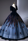 Line V Neck Velvet Tulle Dark Blue Long Prom Dress, Long Evening Dress HZ0509