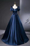 Line Satin Dark Blue Long Prom Dress, Dark Blue Long Formal Dress HZ0509