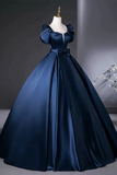 Line Satin Dark Blue Long Prom Dress, Dark Blue Long Formal Dress HZ0509