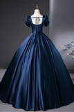 Line Satin Dark Blue Long Prom Dress, Dark Blue Long Formal Dress HZ0509