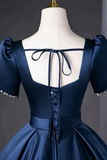 Line Satin Dark Blue Long Prom Dress, Dark Blue Long Formal Dress HZ0509