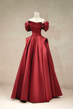 Line Off Shoulder Satin Burgundy Long Prom Dress, Burgundy Long Formal Dress HZ0509