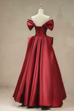 Line Off Shoulder Satin Burgundy Long Prom Dress, Burgundy Long Formal Dress HZ0509