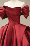 Line Off Shoulder Satin Burgundy Long Prom Dress, Burgundy Long Formal Dress HZ0509