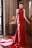 Red Lace and Satin Halter Mermaid Long Party Dress, Wine Red Prom Dress HZ0509