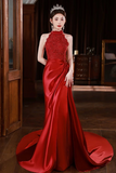Red Lace and Satin Halter Mermaid Long Party Dress, Wine Red Prom Dress HZ0509