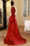 Red Lace and Satin Halter Mermaid Long Party Dress, Wine Red Prom Dress HZ0509