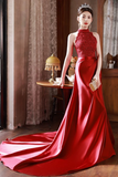 Red Lace and Satin Halter Mermaid Long Party Dress, Wine Red Prom Dress HZ0509