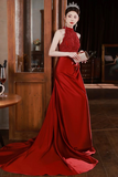 Red Lace and Satin Halter Mermaid Long Party Dress, Wine Red Prom Dress HZ0509