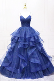Blue Tulle Long Prom Dress, A Line Spaghetti Strap Evening Gown HZ0509