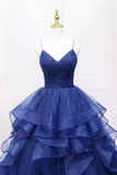 Blue Tulle Long Prom Dress, A Line Spaghetti Strap Evening Gown HZ0509