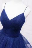 Blue Tulle Long Prom Dress, A Line Spaghetti Strap Evening Gown HZ0509