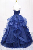 Blue Tulle Long Prom Dress, A Line Spaghetti Strap Evening Gown HZ0509