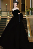 Velvet Off Shoulder Low Back Prom Dress with Bow, Evening Party Dress HZ0509