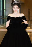 Velvet Off Shoulder Low Back Prom Dress with Bow, Evening Party Dress HZ0509