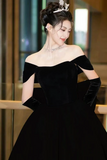 Velvet Off Shoulder Low Back Prom Dress with Bow, Evening Party Dress HZ0509