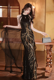 Sequins Halter Beaded Floor Length Party Dress, Long Prom Dress HZ0509