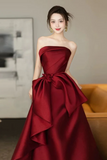 Red Strapless A Line Satin Floor Length Party Dress, Evening Dress HZ0509