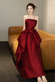 Red Strapless A Line Satin Floor Length Party Dress, Evening Dress HZ0509