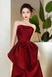 Red Strapless A Line Satin Floor Length Party Dress, Evening Dress HZ0509