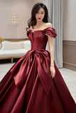 Red Satin Off Shoulder Prom Dress, Floor Length Party Dress HZ0509