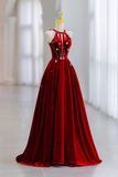 Beaded A Line Velvet Halter Floor Length Party Dress, Long Prom Dress HZ0509