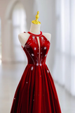 Beaded A Line Velvet Halter Floor Length Party Dress, Long Prom Dress HZ0509