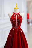 Beaded A Line Velvet Halter Floor Length Party Dress, Long Prom Dress HZ0509