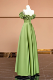 Line Green Satin Off Shoulder Party Dress, Green Satin Prom Dress HZ0509