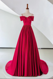 Line Off Shoulder Satin Red Long Prom Dress, Satin Long Formal Dress HZ0509
