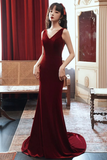 Red Velvet Mermaid V Neckline Party Dress, Wine Red Long Prom Dress HZ0509