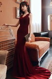 Red Velvet Mermaid V Neckline Party Dress, Wine Red Long Prom Dress HZ0509