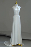 Satin Halter A Line Long Beaded Low Back Party Dress, Wedding Party Dress HZ0509