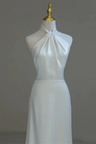 Satin Halter A Line Long Beaded Low Back Party Dress, Wedding Party Dress HZ0509
