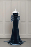 Velvet Blue Prom Dress, Mermaid Backless Evening Party Dress with Bow HZ0509