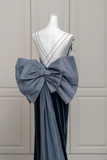Velvet Blue Prom Dress, Mermaid Backless Evening Party Dress with Bow HZ0509