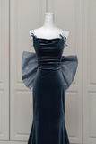 Velvet Blue Prom Dress, Mermaid Backless Evening Party Dress with Bow HZ0509