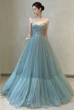 Blue Tulle Sweetheart Simple A Line Party Dress, Off Shoulder Prom Dress HZ0509