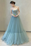 Blue Tulle Sweetheart Simple A Line Party Dress, Off Shoulder Prom Dress HZ0509